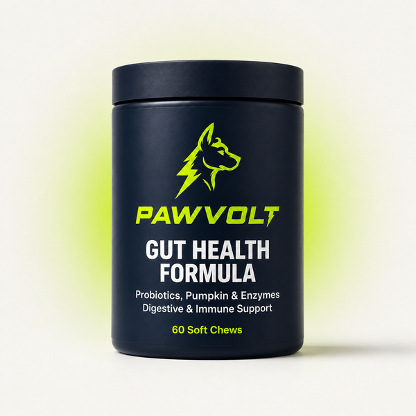 PawVolt Gut Health dog supplement jar — probiotics and digestive enzymes 10 billion CFU