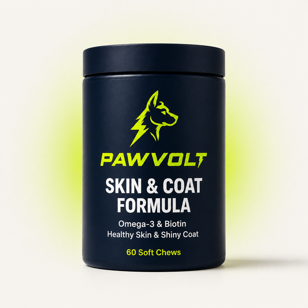 PawVolt Skin & Coat dog supplement jar — omega-3 biotin and zinc
