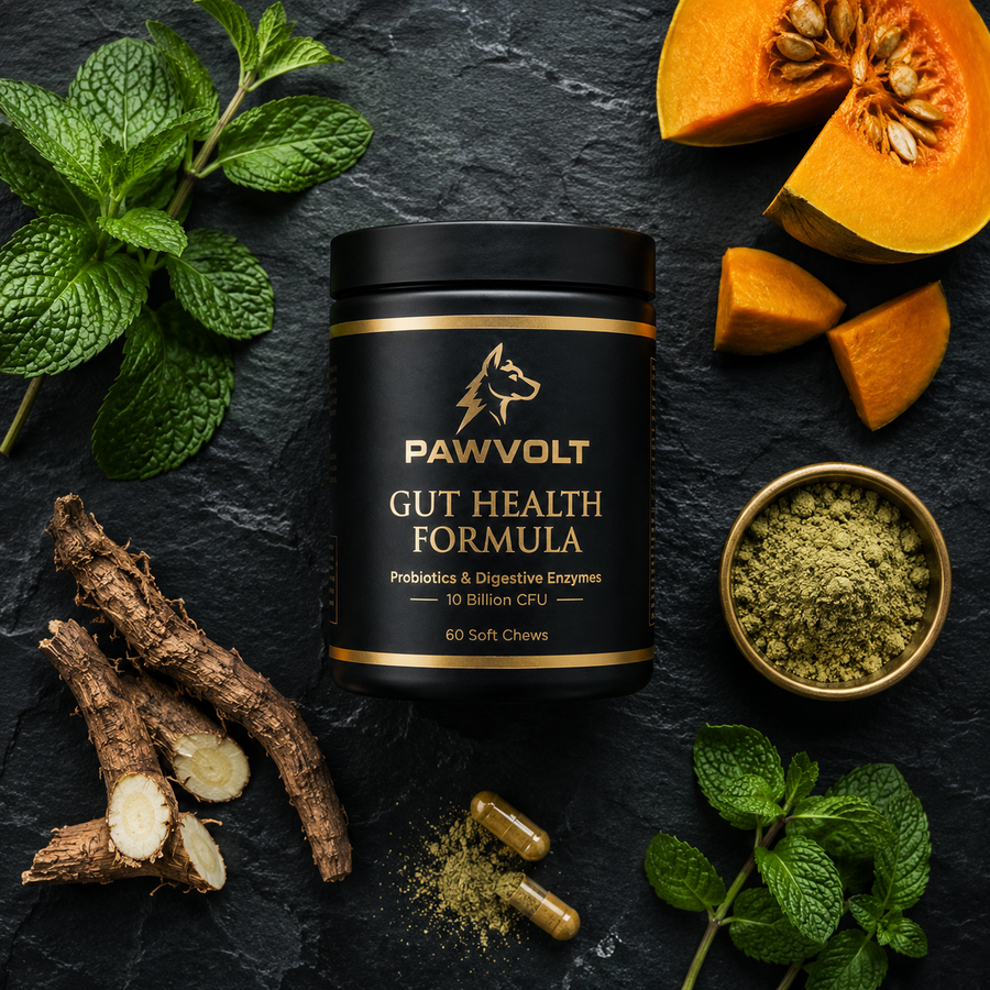 PawVolt Gut Health formula with pumpkin mint and probiotic ingredients flat lay