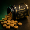 PawVolt dog gut health probiotic soft chews spilling from jar — 60 count