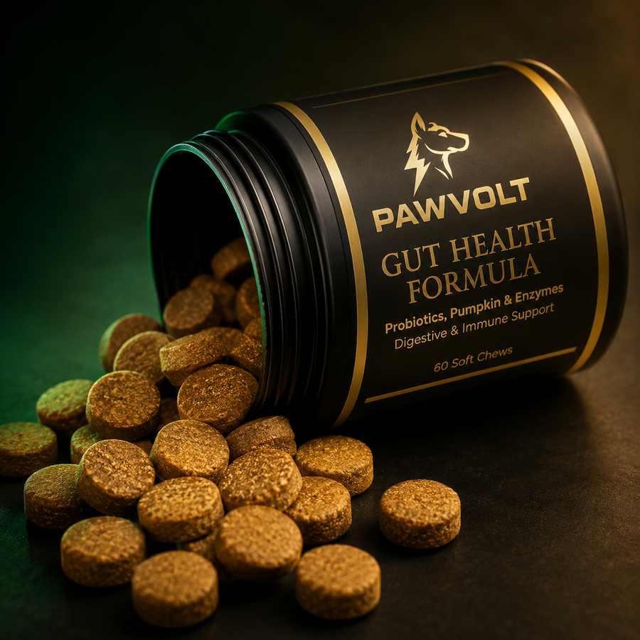PawVolt dog gut health probiotic soft chews spilling from jar — 60 count