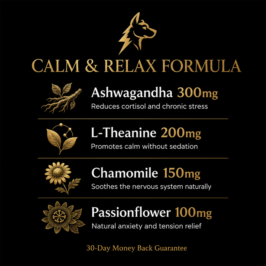 PawVolt Calm & Relax formula ingredients — ashwagandha L-theanine chamomile passionflower