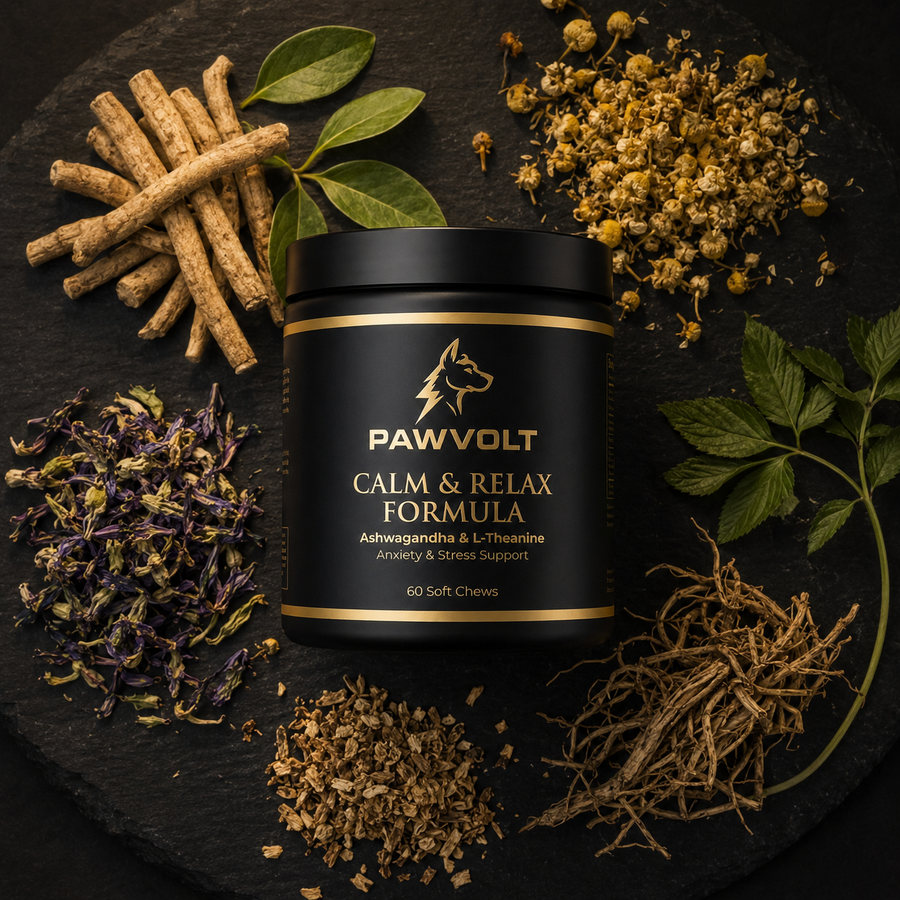 PawVolt calming supplement with ashwagandha and chamomile ingredients