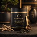 PawVolt premium dog calming supplement with gold scoop