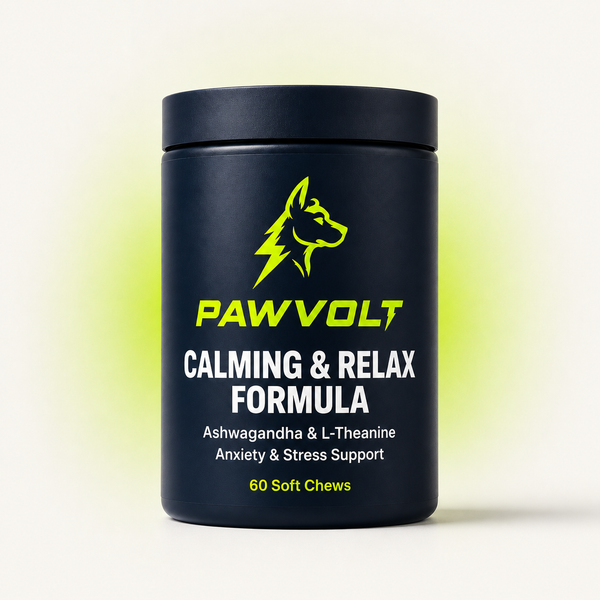 PawVolt Calm & Relax dog supplement jar — anxiety and stress support