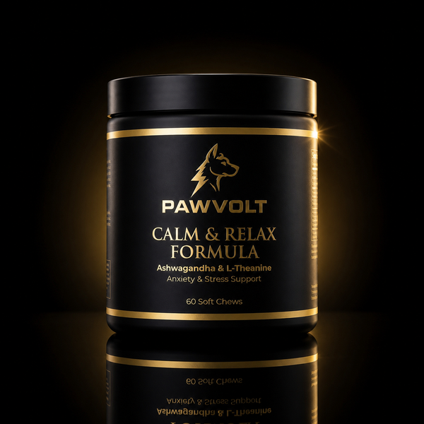 PawVolt Calm & Relax dog supplement jar — anxiety and stress support