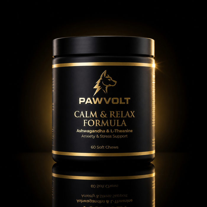 PawVolt Calm & Relax dog supplement jar — anxiety and stress support