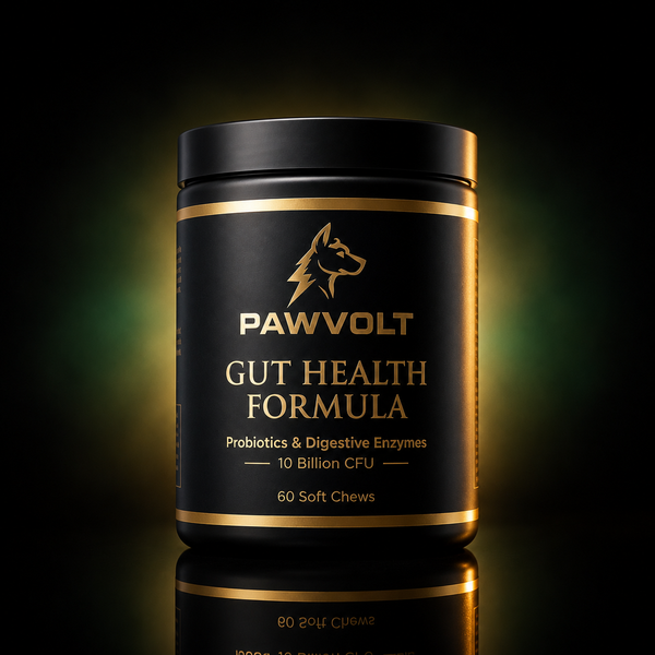 PawVolt Gut Health dog supplement jar — probiotics and digestive enzymes 10 billion CFU