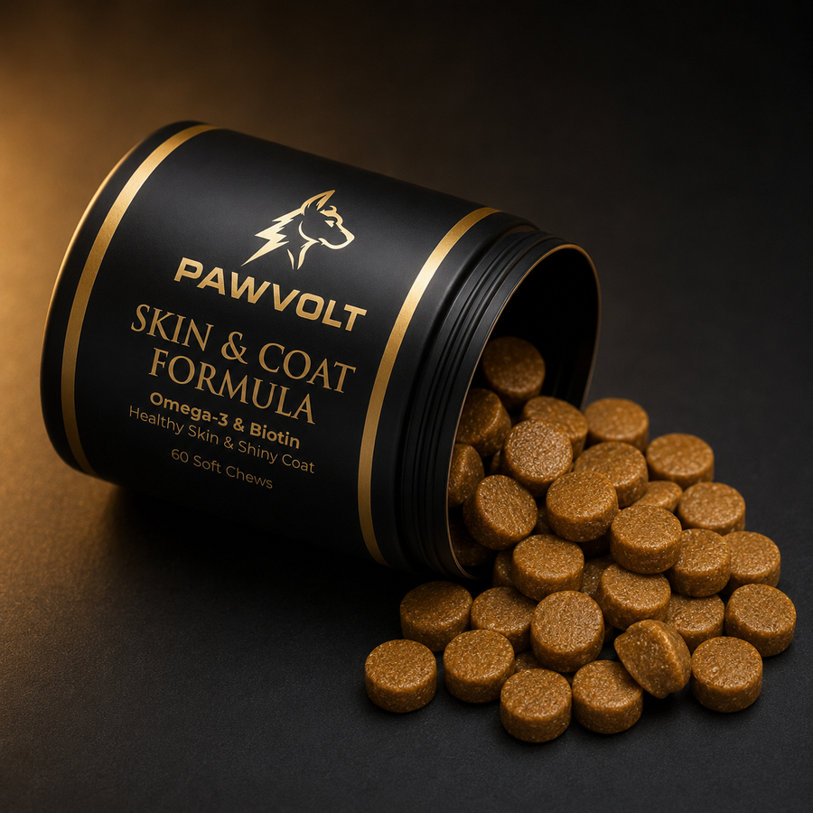 PawVolt dog skin coat soft chews spilling from jar — 60 count