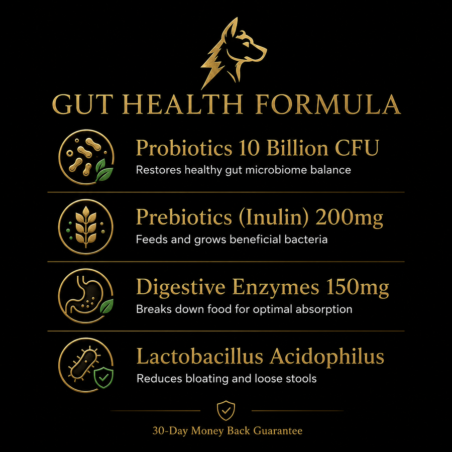 PawVolt Gut Health formula ingredients — probiotics prebiotics digestive enzymes infographic