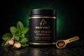 PawVolt premium dog gut health supplement with gold scoop and mint leaves
