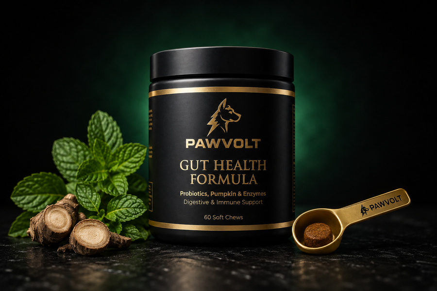 PawVolt premium dog gut health supplement with gold scoop and mint leaves