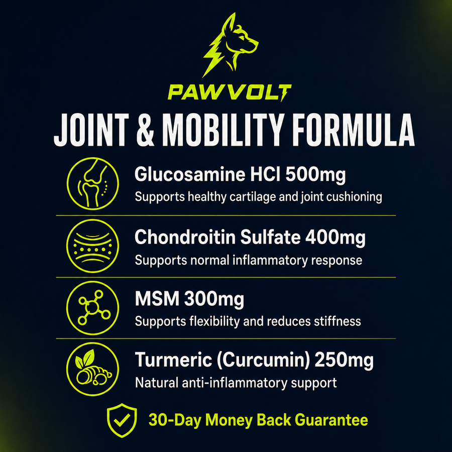 PawVolt Joint & Mobility formula ingredients — glucosamine chondroitin MSM turmeric