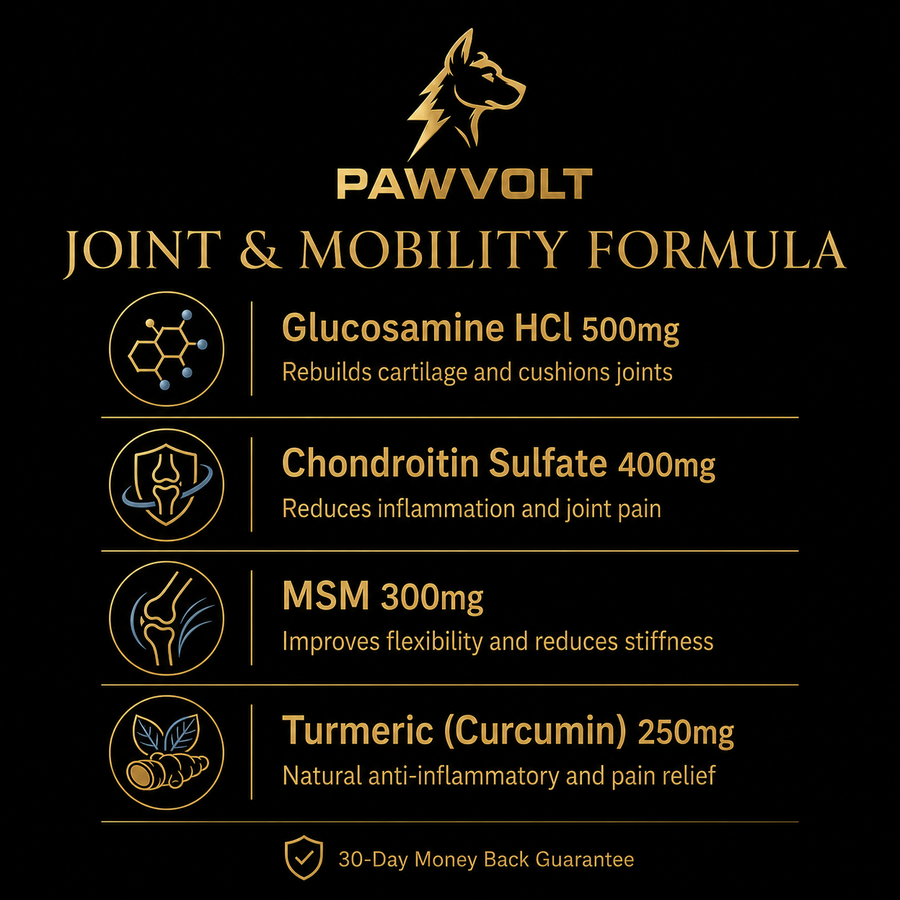PawVolt Joint & Mobility formula ingredients — glucosamine chondroitin MSM turmeric