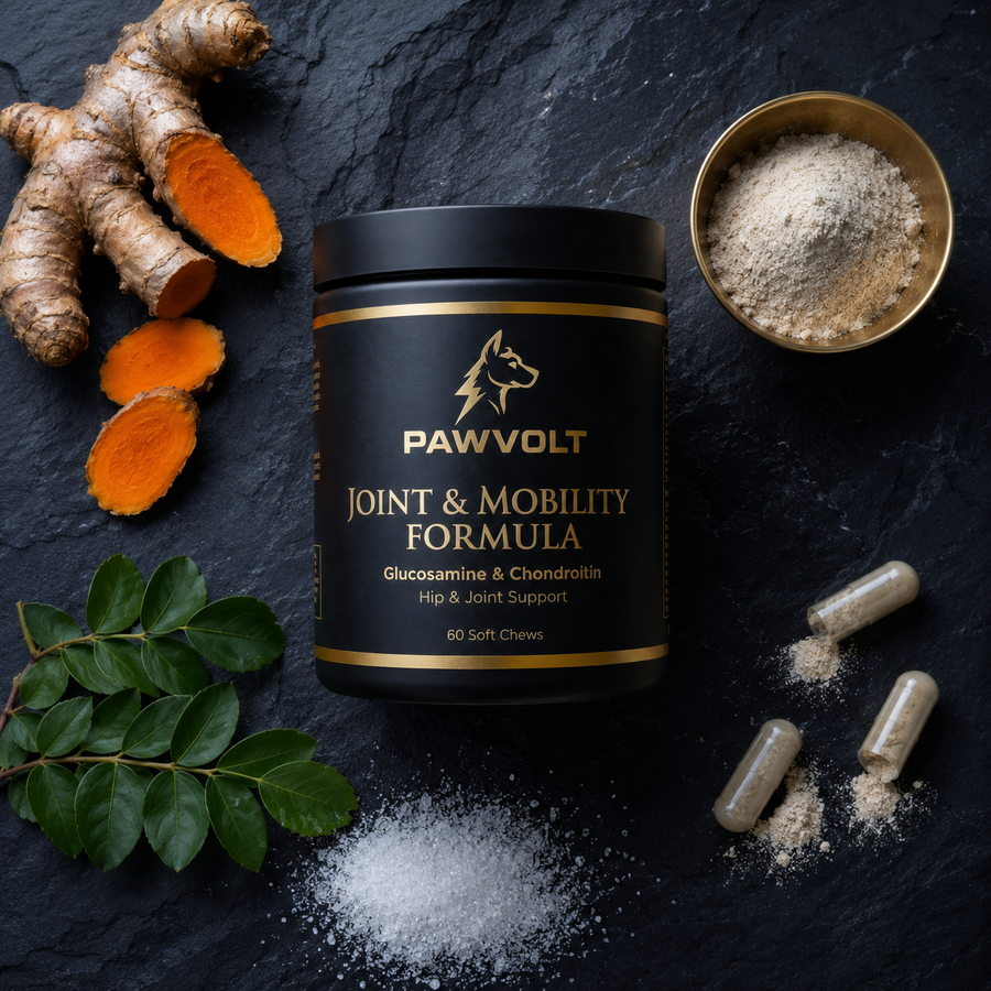 PawVolt Joint formula with glucosamine turmeric and MSM ingredients flat lay