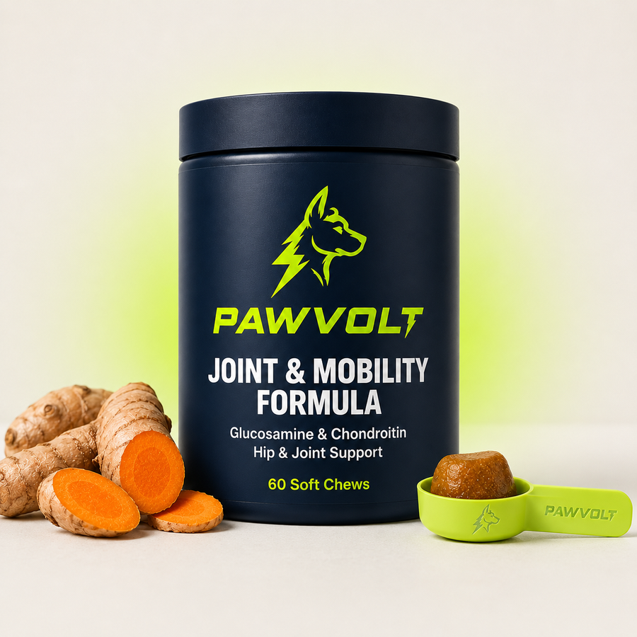 PawVolt premium dog joint supplement with volt green scoop and turmeric root