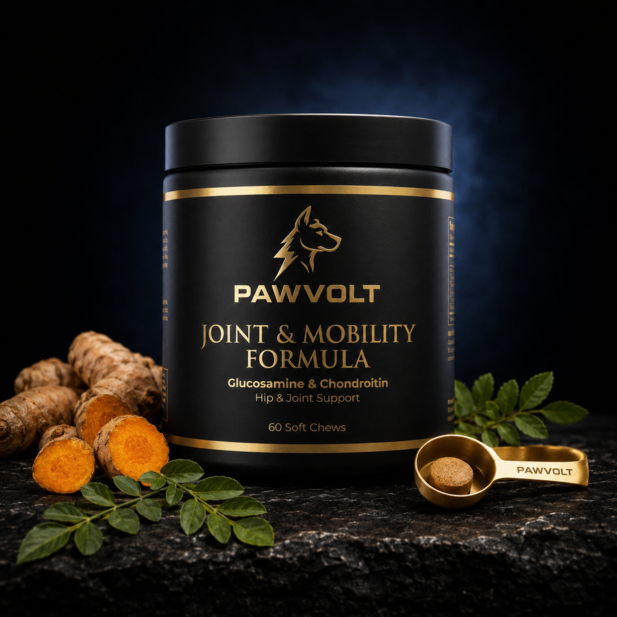 PawVolt premium dog joint supplement with gold scoop and turmeric root