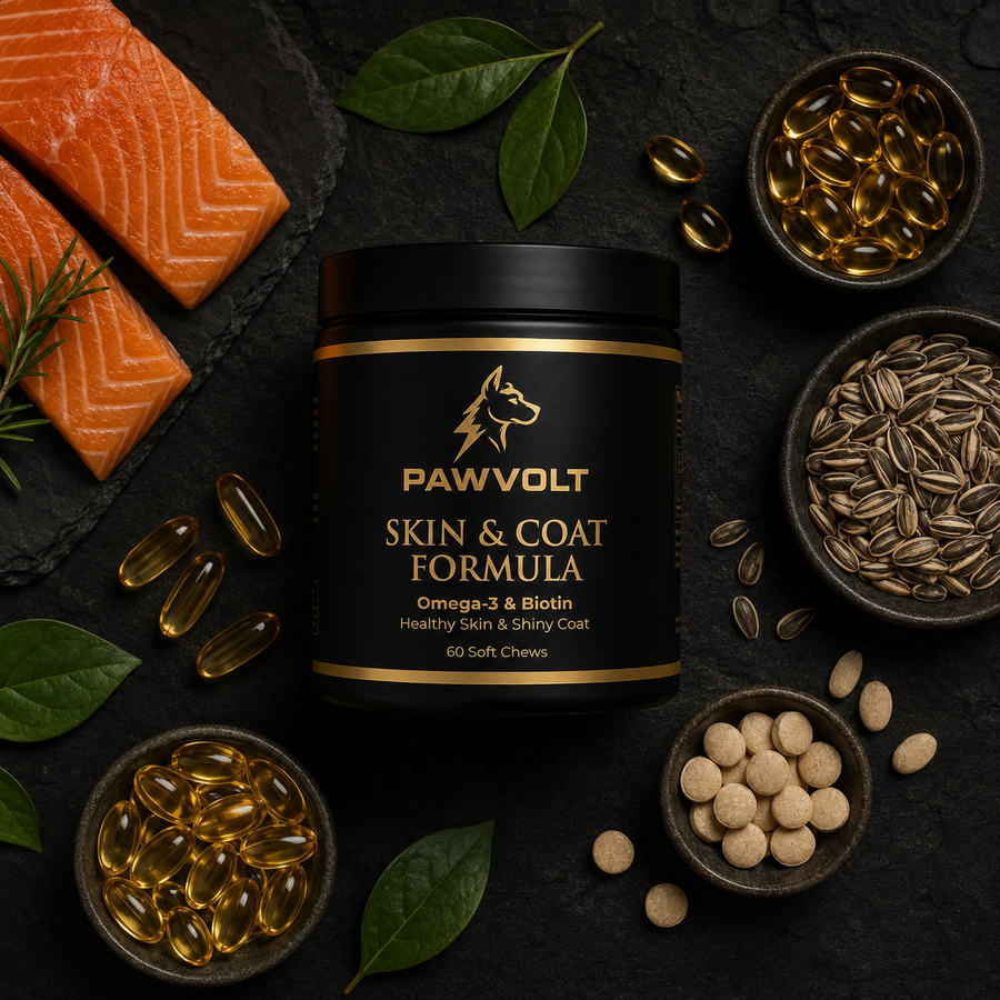  PawVolt Skin & Coat formula with salmon fish oil and biotin ingredients flat lay