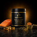 PawVolt premium dog skin supplement with gold scoop and salmon